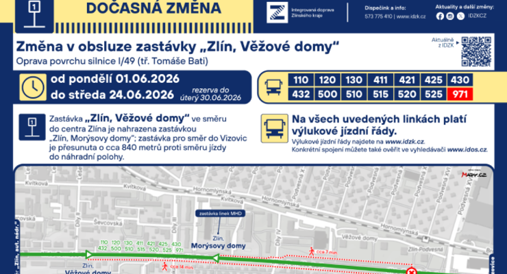 Dočasná změna v obsluze zastávky „Zlín, Věžové domy“