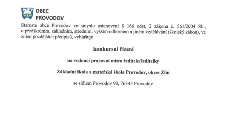 Konkursní řízení - ředitel/ředitelka ZŠ a MŠ Provodov